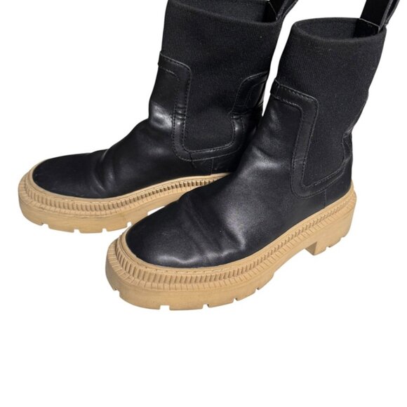 MNG Boots Womens Size 35 Black Tan Chunky Sole Pull On Platform Chelsea Style - Picture 1 of 7